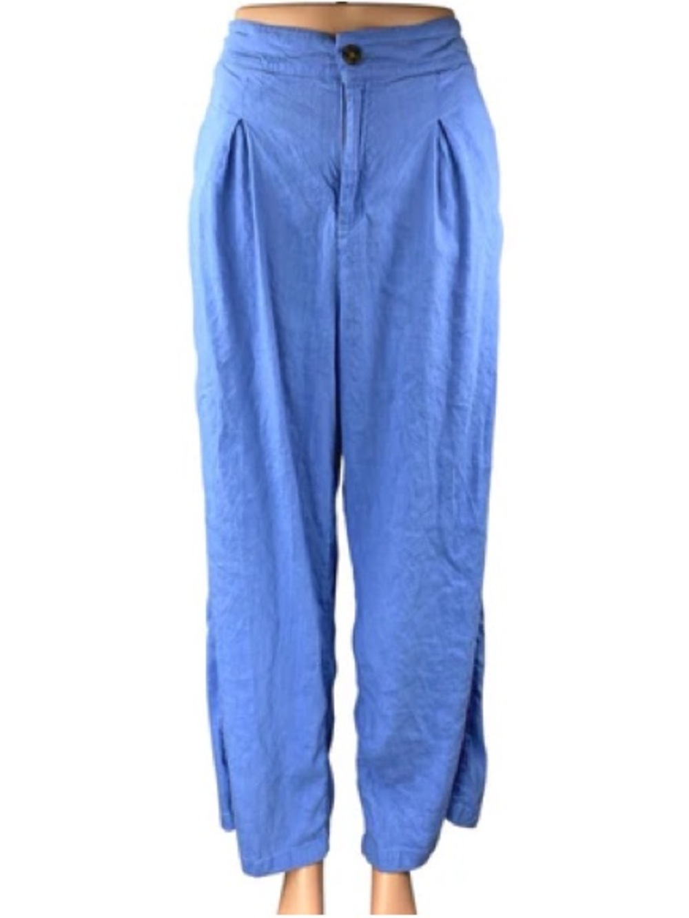 Halston Women's Blue Linen Pleated High Rise Wide Leg Pants